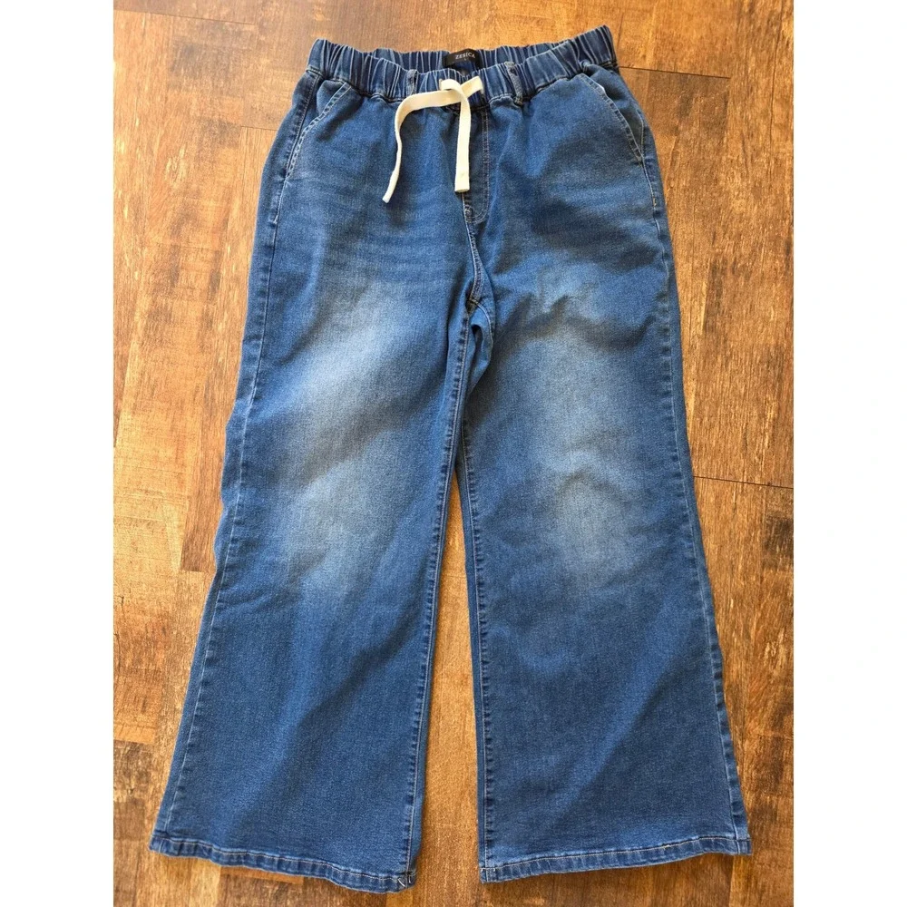 ZESICA Womens Wide Leg Drawstring Denim Pants Blue Elastic Waist Jeans Large - Picture 2 of 9